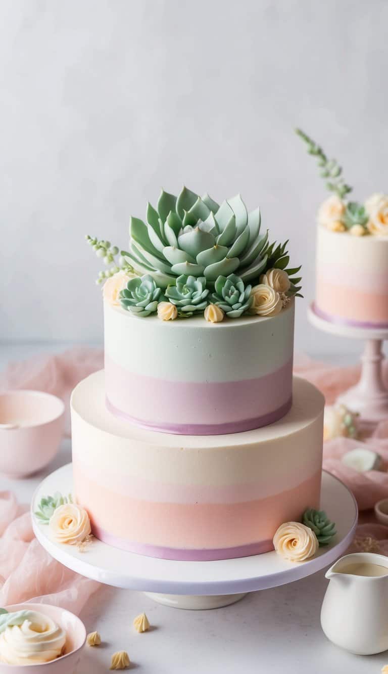 A buttercream succulent pastel cake surrounded by soft and dreamy pastel decorations