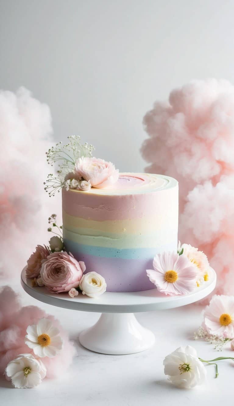 A pastel rainbow swirl cake sits on a white pedestal, surrounded by delicate pastel flowers and soft, billowy clouds
