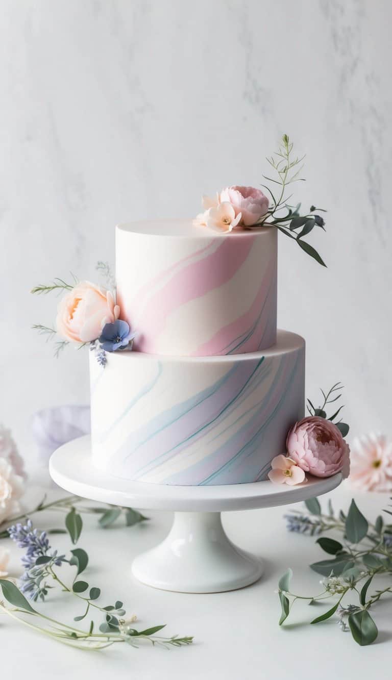 A pastel marble effect cake sits on a white pedestal, surrounded by delicate pastel flowers and foliage. Subtle swirls of pink, blue, and lavender create a soft and dreamy atmosphere