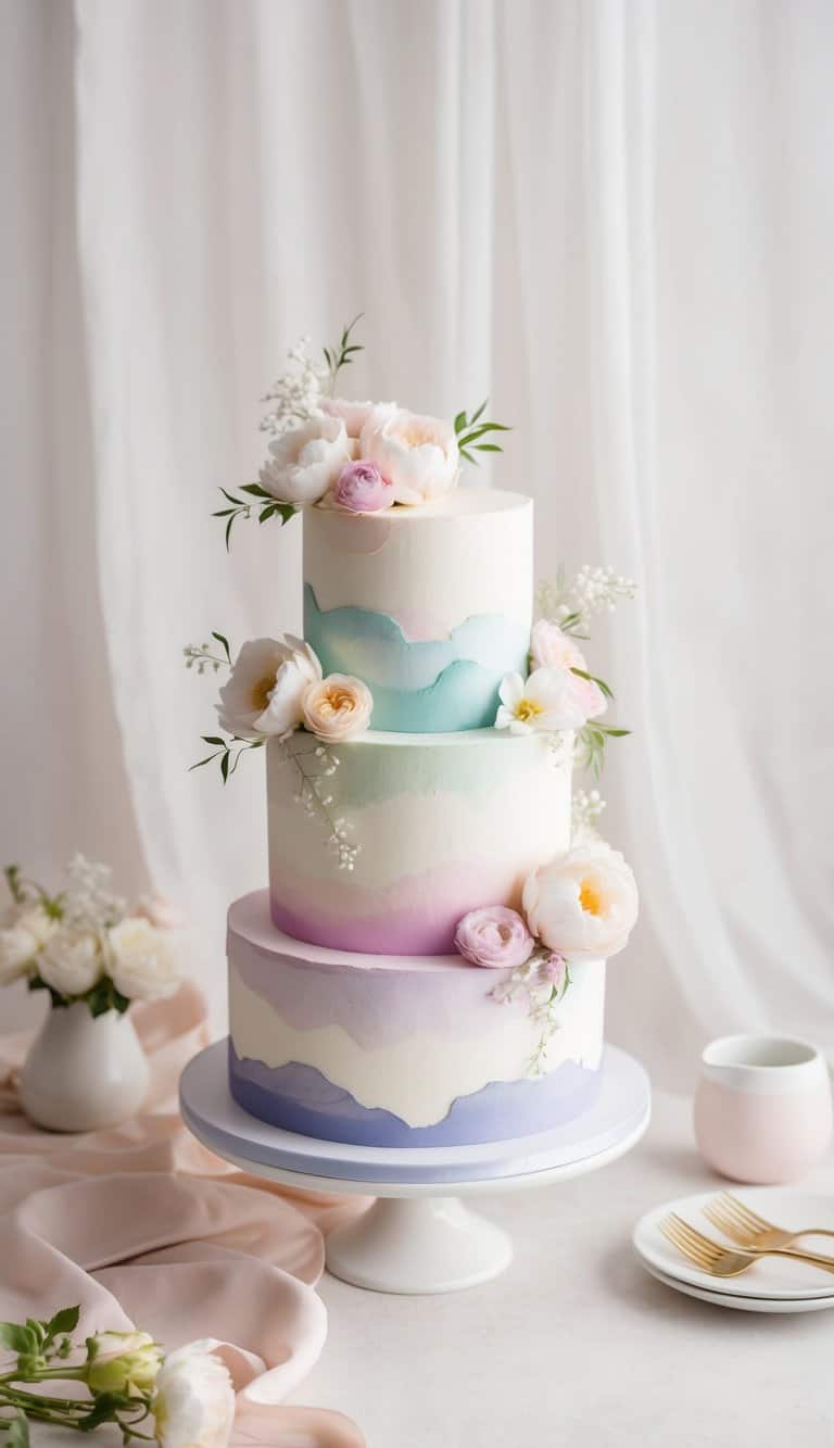 A pastel watercolor cake adorned with delicate flowers and ribbons, set against a soft, dreamy backdrop