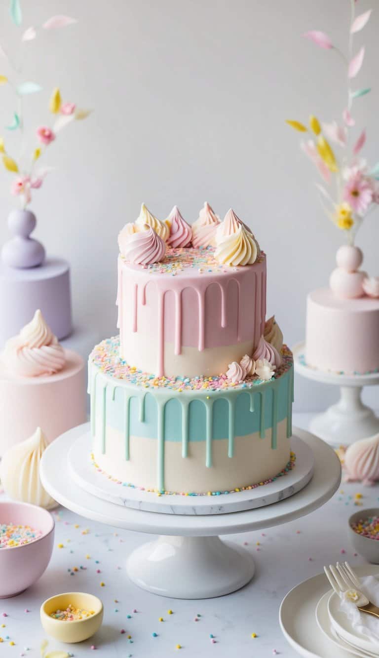 A pastel drip cake adorned with colorful sprinkles sits on a pristine white cake stand, surrounded by whimsical pastel decorations and soft, dreamy lighting