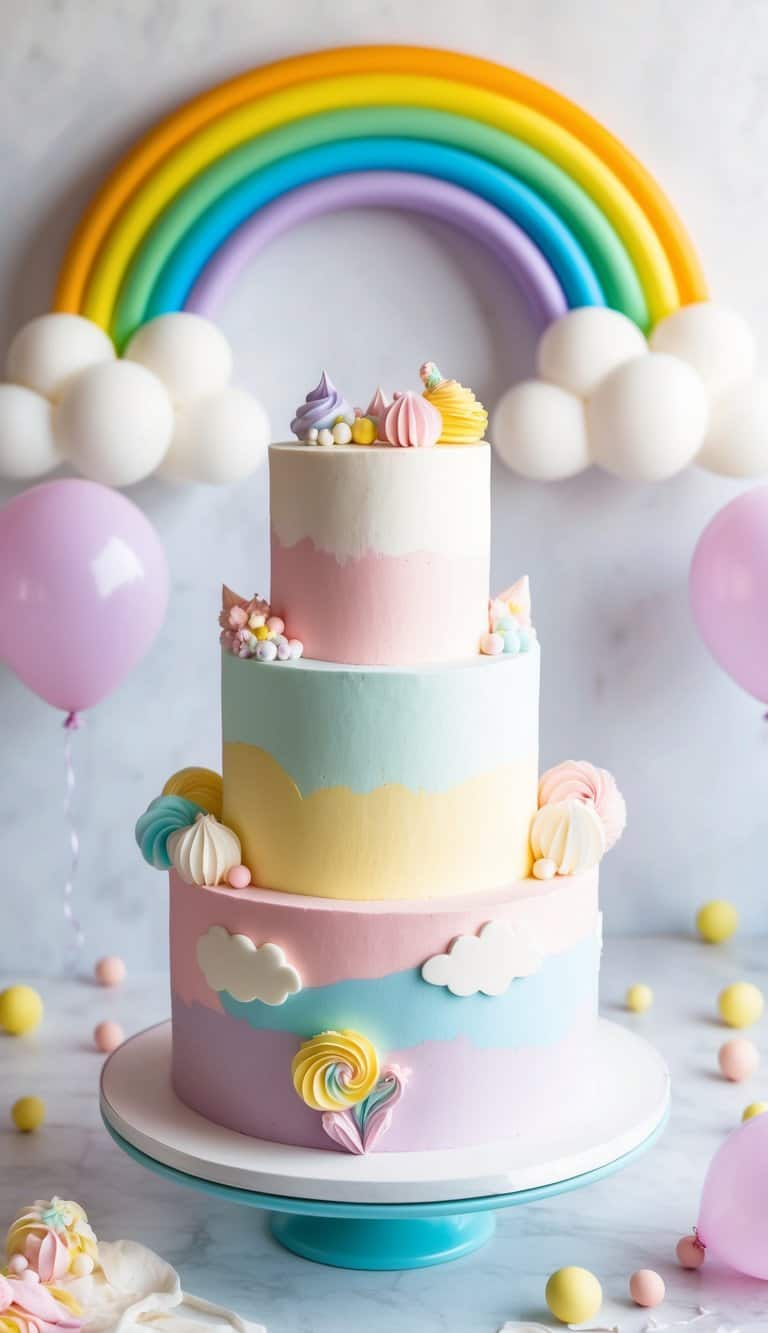A pastel candy land cake surrounded by fluffy clouds and colorful balloons, with a rainbow in the background