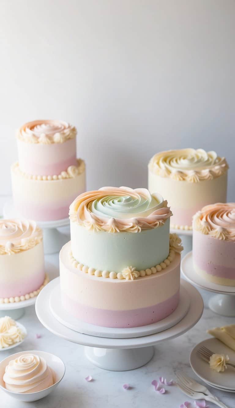 A pastel pinwheel cake surrounded by soft, dreamy pastel cakes in a light, airy setting