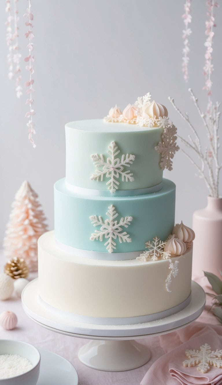 A pastel snowflake winter cake surrounded by delicate pastel decorations and soft, dreamy lighting