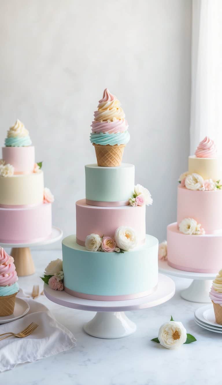 A pastel ice cream cone cake surrounded by soft, dreamy pastel cakes in a light, airy setting
