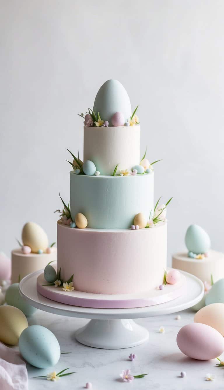 A soft, dreamy pastel Easter egg cake surrounded by delicate pastel cake decorations in a light, airy setting