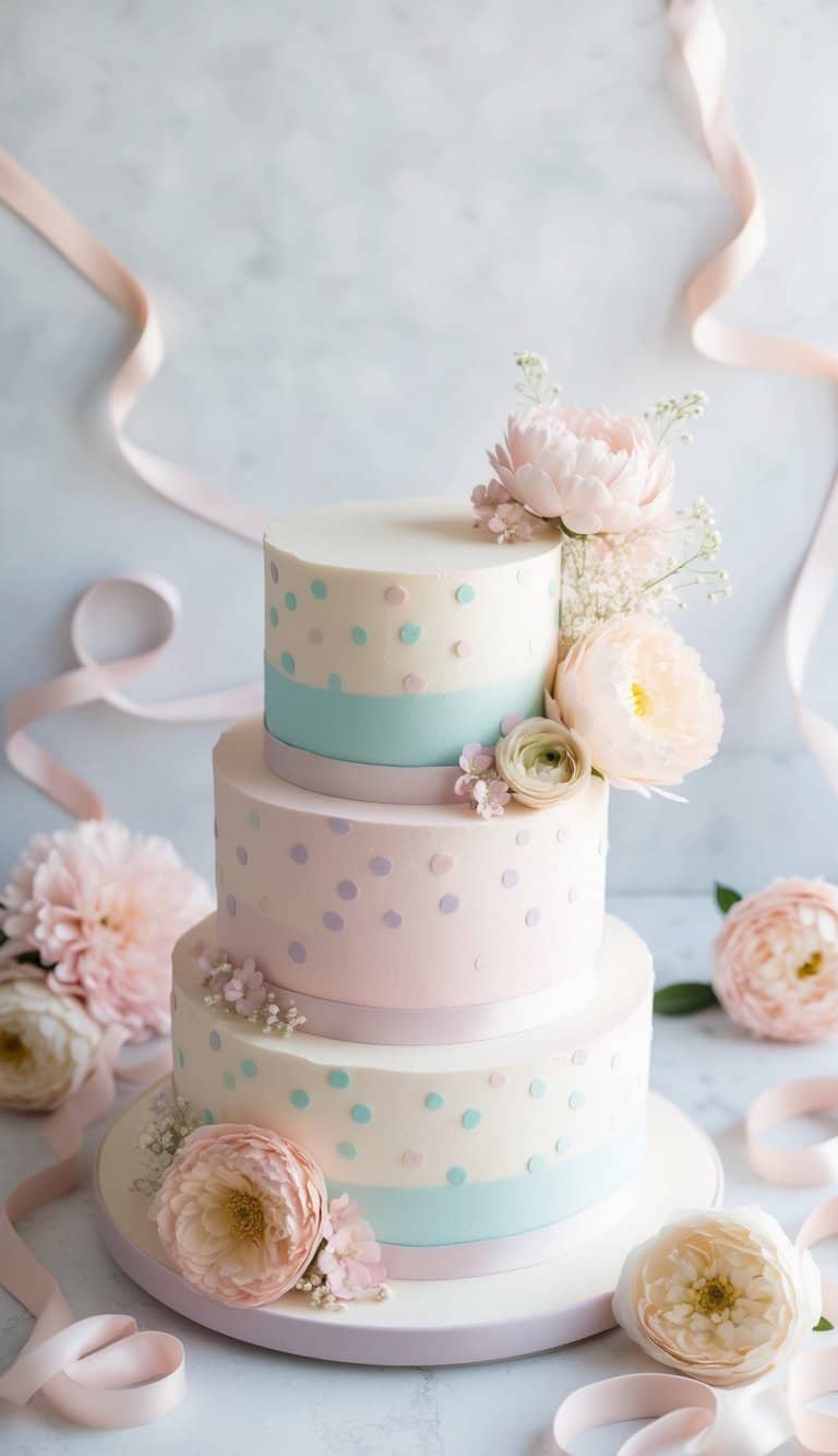 A pastel confetti cake surrounded by delicate pastel flowers and ribbons, with a soft, dreamy atmosphere