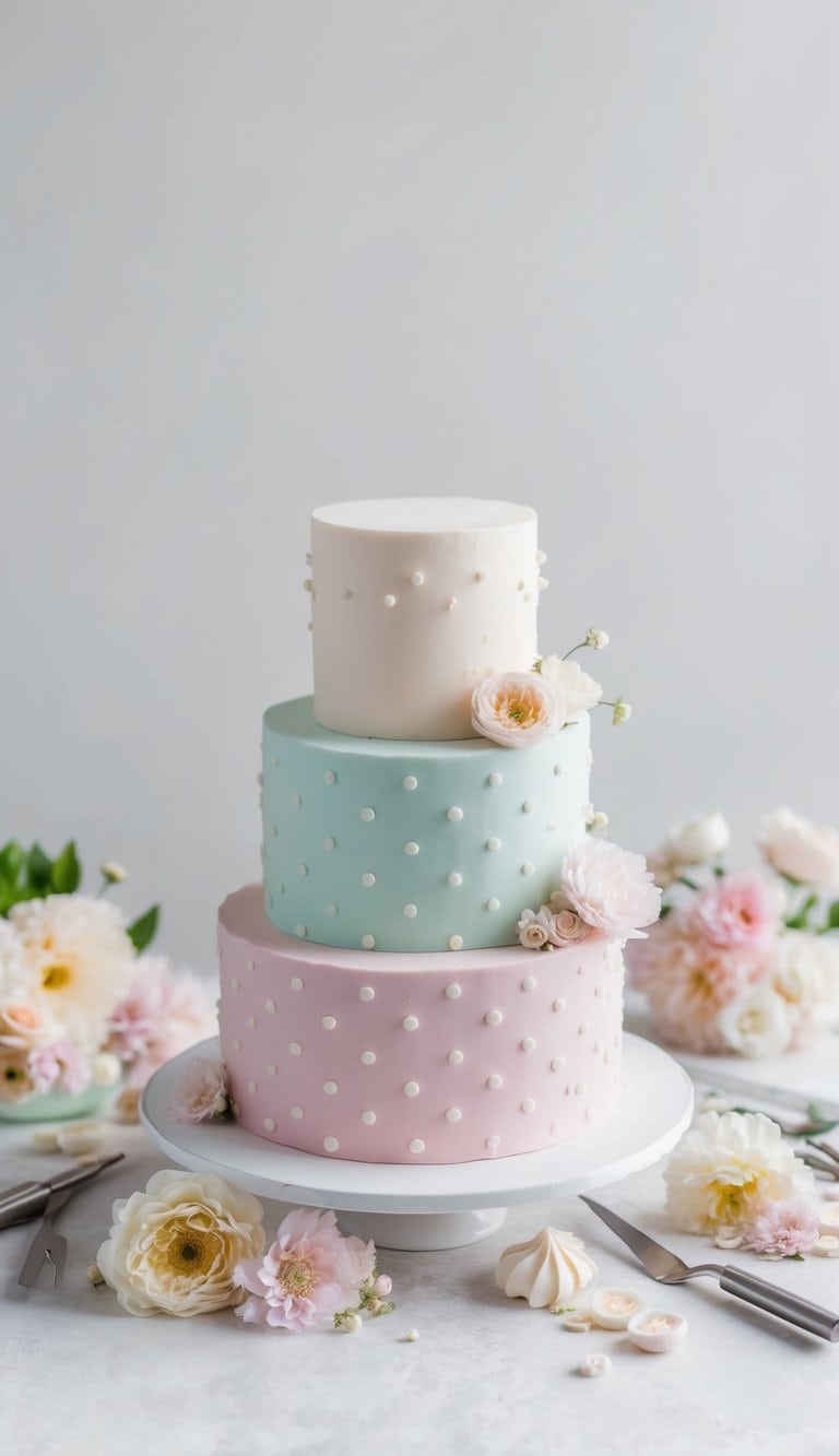 A pastel dotty cake sits on a table surrounded by soft, dreamy pastel-colored flowers and delicate cake decorating tools