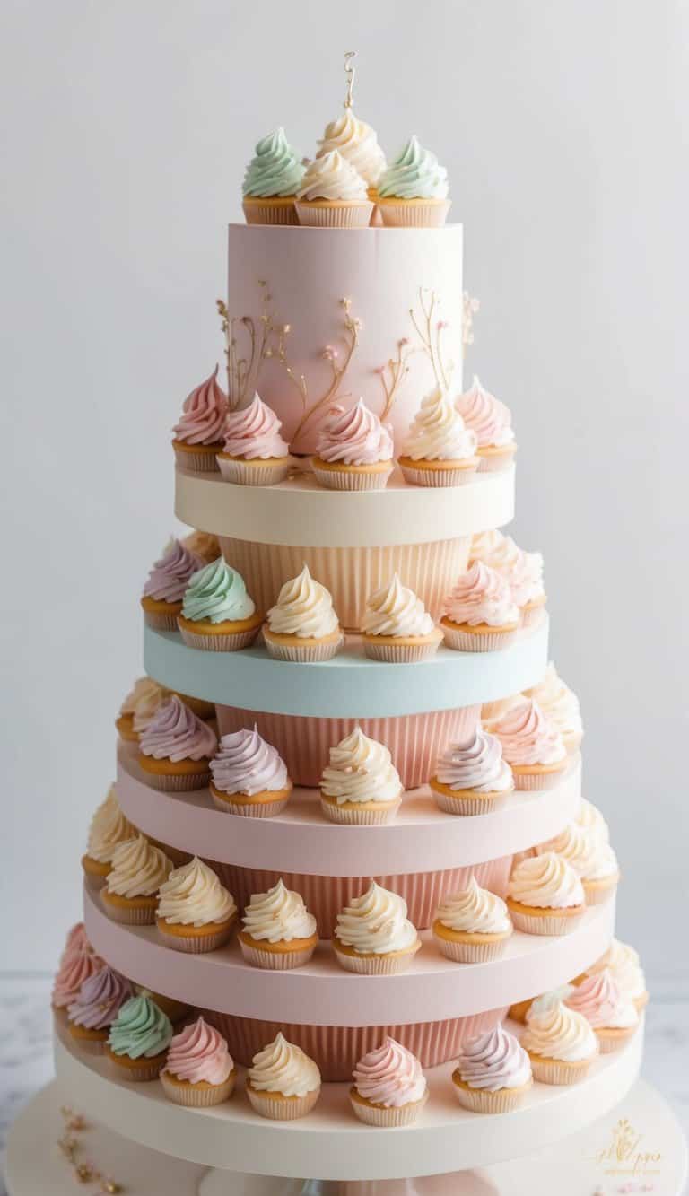 A tower of pastel cupcakes with delicate frosting swirls