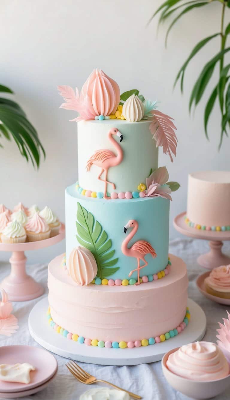 A pastel tropical cake adorned with flamingos sits on a table, surrounded by soft, dreamy pastel decorations