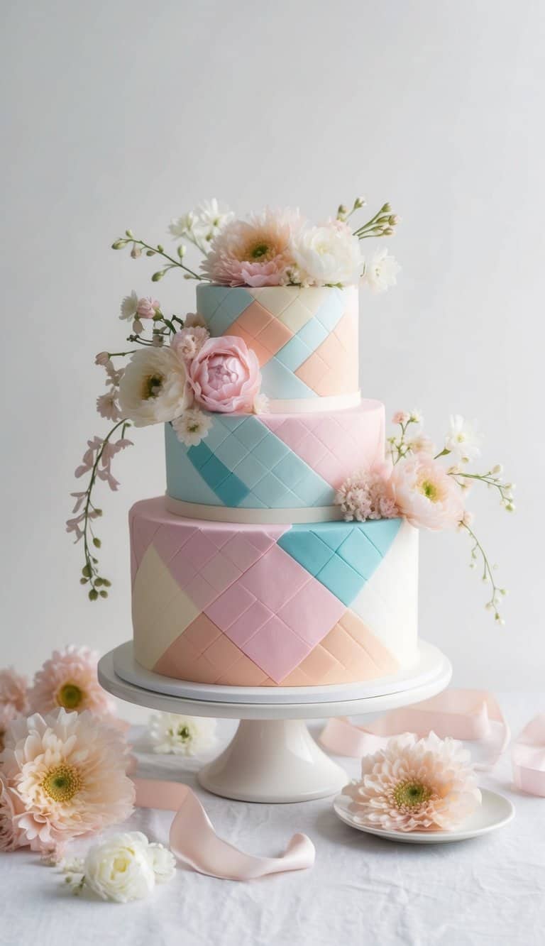 A pastel patchwork quilt cake surrounded by delicate pastel flowers and ribbons, set on a light, airy background