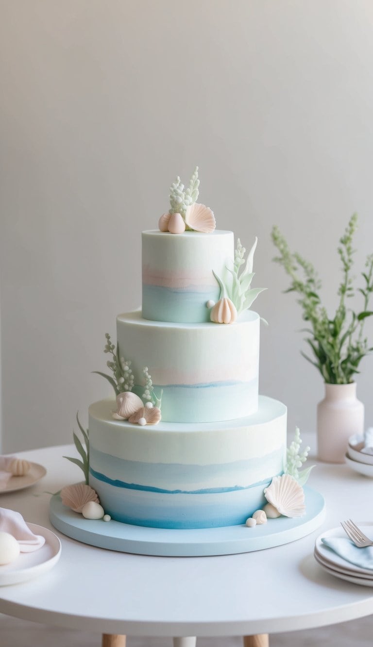 A pastel seascape cake sits on a table, adorned with soft, dreamy decorations in light, airy colors. The scene evokes a sense of tranquility and whimsy