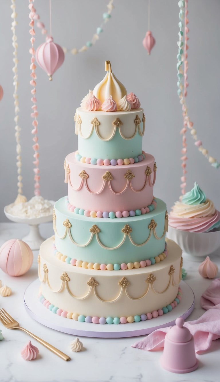 A pastel carnival cake surrounded by whimsical decorations and soft, dreamy colors
