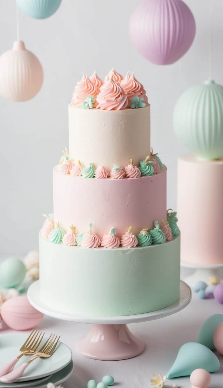 A pastel cake adorned with delicate pink and mint-colored frosting, surrounded by whimsical pastel decorations and soft lighting