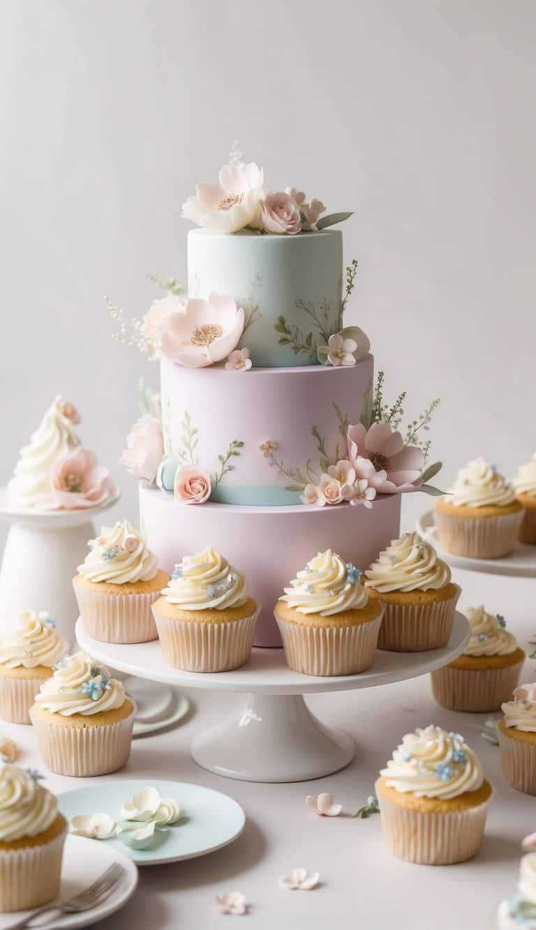 Soft pastel cupcakes adorned with delicate floral designs sit on a table, surrounded by whimsical decorations