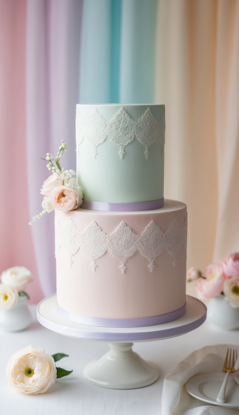 A pastel wedding cake adorned with delicate lace design, set against a backdrop of soft, dreamy pastel colors