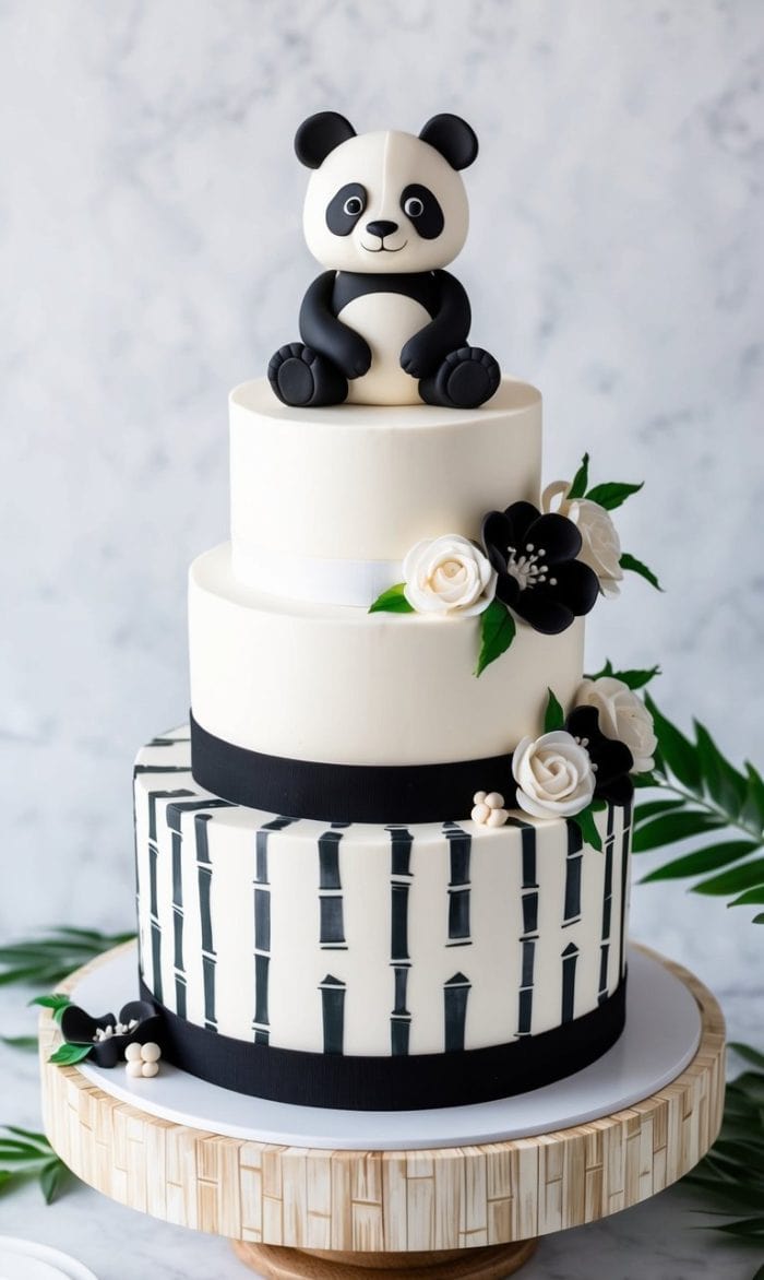 Three-tiered white cake with black ribbon accents and bamboo-like patterns, decorated with white and black flowers, and topped with a cute panda figure, displayed on a wooden cake stand.