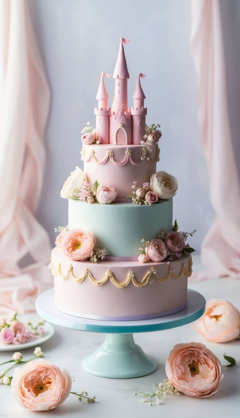 A pastel princess castle cake surrounded by delicate pastel flowers and ribbons, set against a soft, dreamy backdrop