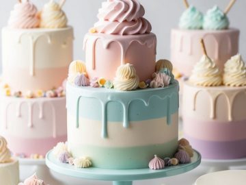 A pastel-themed dessert display featuring a tall cake with three tiers in pink, blue, and cream. The cake is topped with a swirl of frosting and flanked by decorated cupcakes. Scattered pastel candies and meringues complete the presentation.