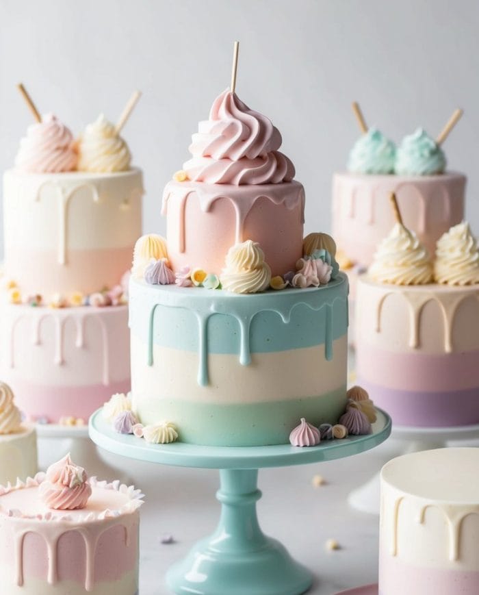 A pastel-themed dessert display featuring a tall cake with three tiers in pink, blue, and cream. The cake is topped with a swirl of frosting and flanked by decorated cupcakes. Scattered pastel candies and meringues complete the presentation.