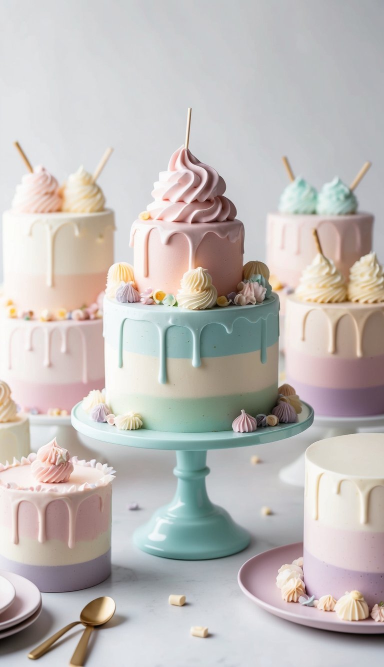A pastel ice cream sundae cake surrounded by soft, dreamy pastel cakes with light, airy decorations
