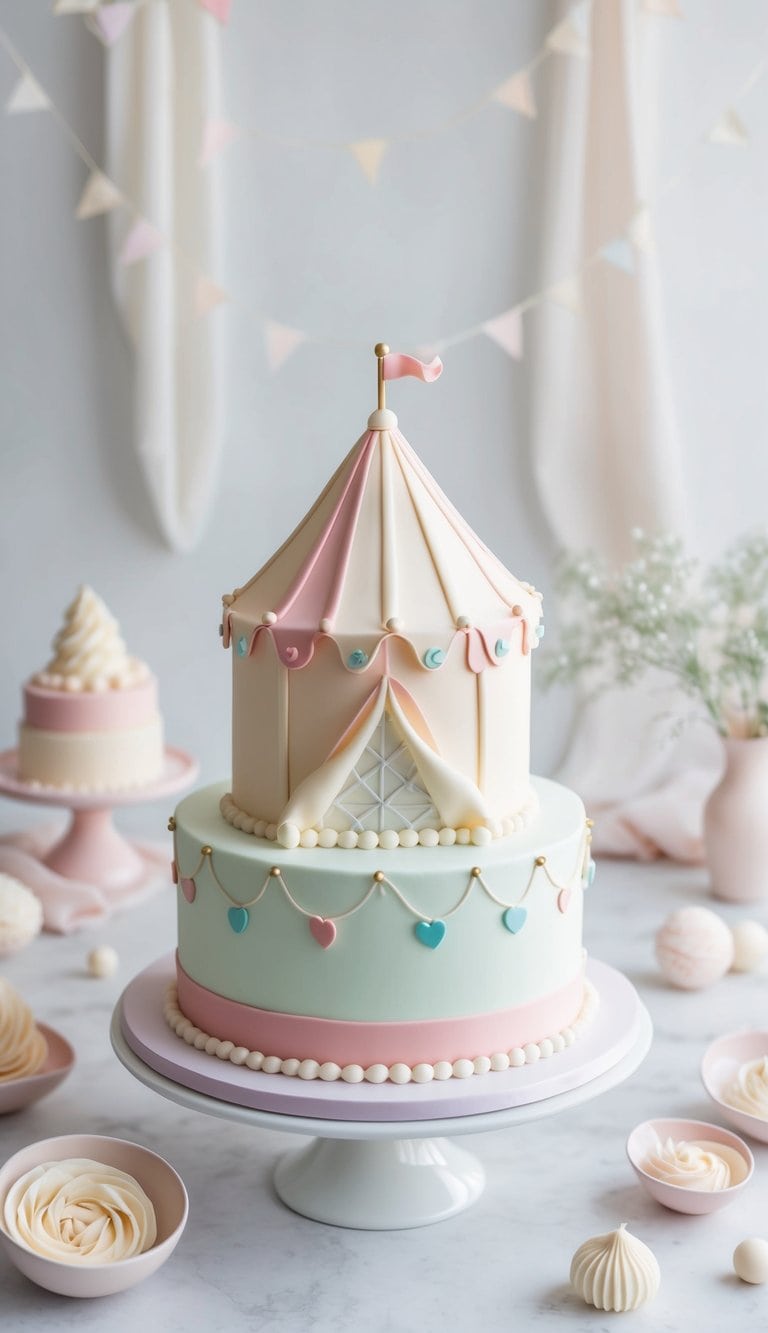 A pastel circus tent cake surrounded by light, airy decorations and soft, dreamy colors