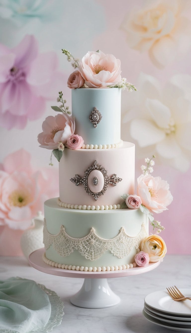 A vintage brooch cake adorned with pastel flowers and delicate lace, set against a backdrop of soft, dreamy pastel colors