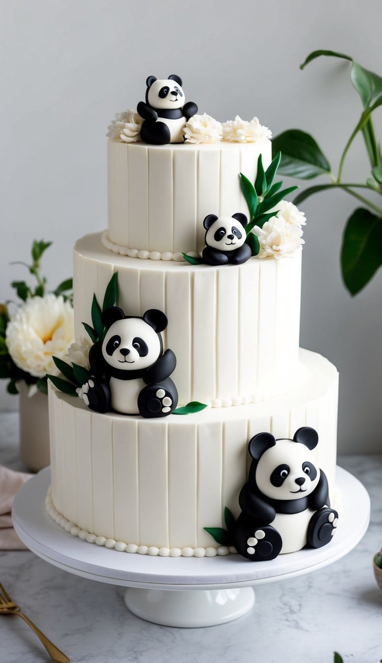 A white chocolate panel cake decorated with black-and-white fondant pandas