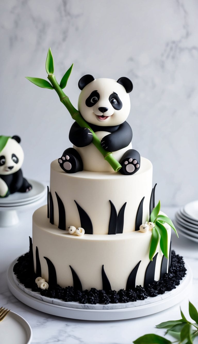 A panda sits on a bed of black-and-white fondant, playfully holding a bamboo shoot in its paws, with a mischievous glint in its eye