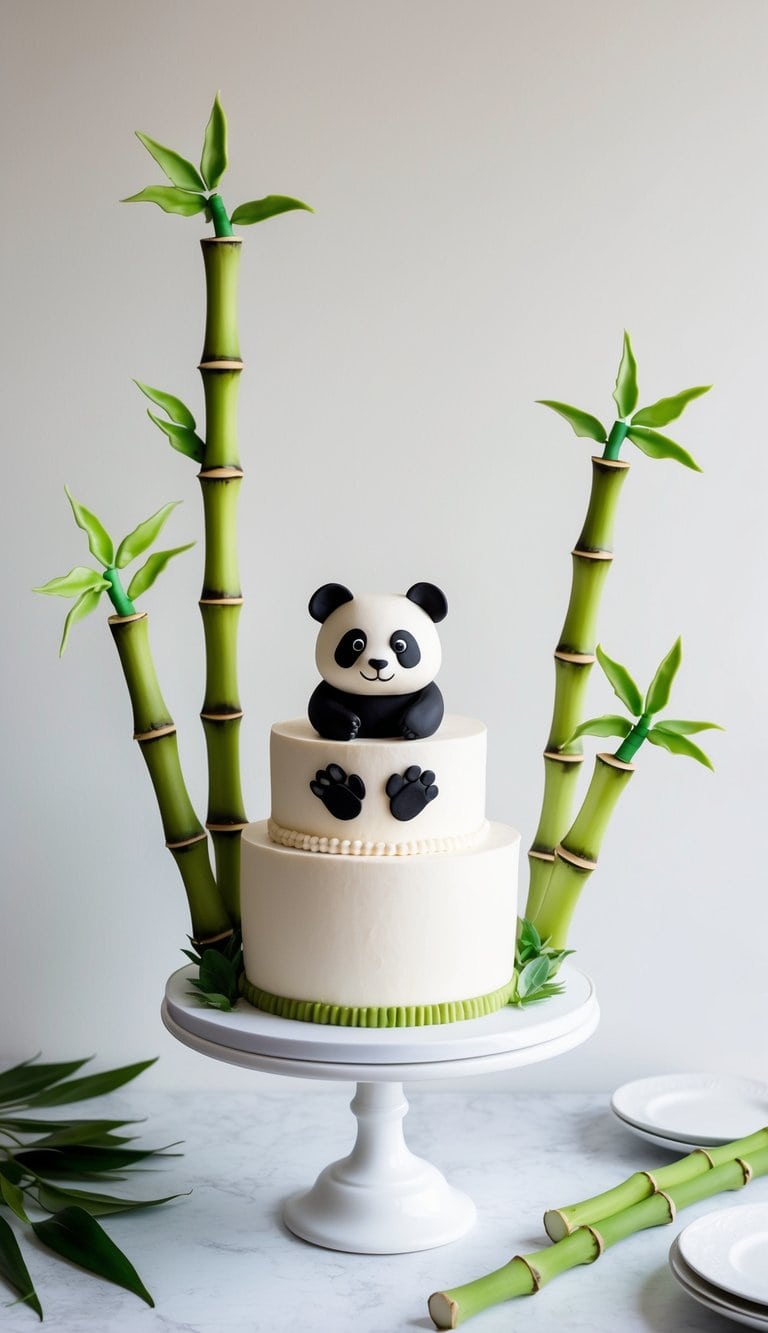 Bamboo stalks crafted with icing surround a cute panda-themed cake
