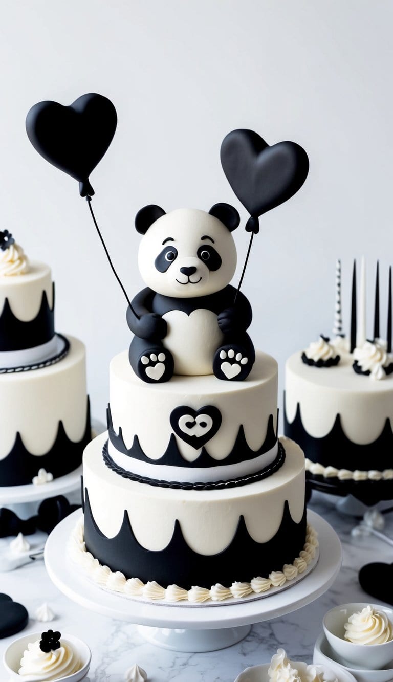 A panda holding heart-shaped balloons, surrounded by black-and-white fondant decorations