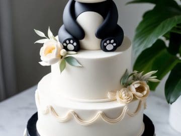 A two-tiered cake decorated with black and white diamond patterns, topped with a fondant panda wearing sunglasses and surrounded by delicate white flowers. The cake sits on a white plate by a leafy plant.