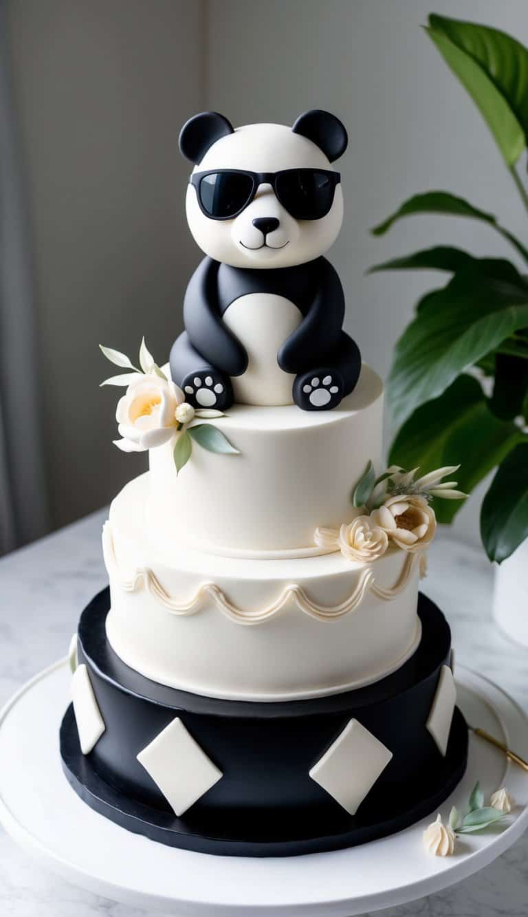 A panda wearing sunglasses sits atop a black-and-white fondant cake