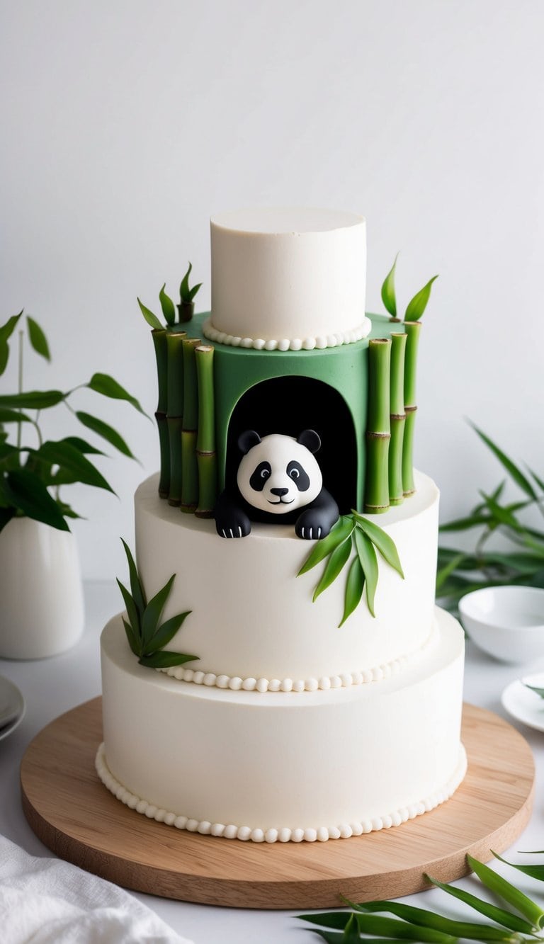 A panda peeking out from a lush bamboo forest