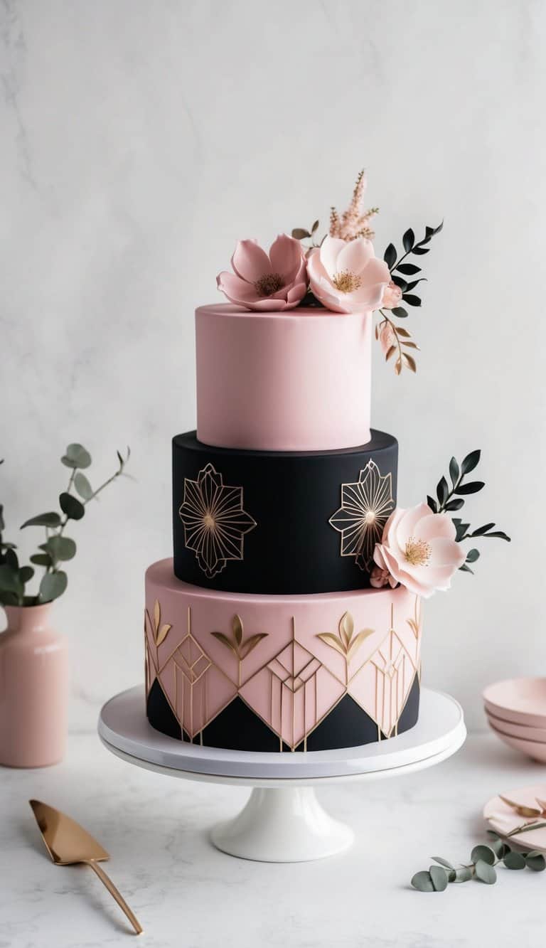 A sleek pink-and-black cake adorned with elegant floral patterns and geometric designs
