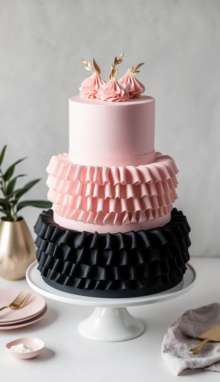 A three-tiered pink and black cake with elegant ruffled