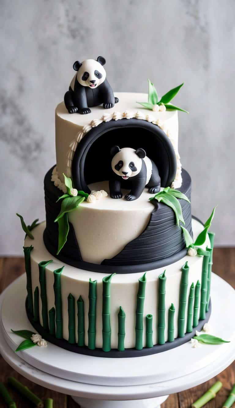 A cozy burrow nestled in a bamboo forest, with a young panda cub playing amidst black-and-white fondant decorations
