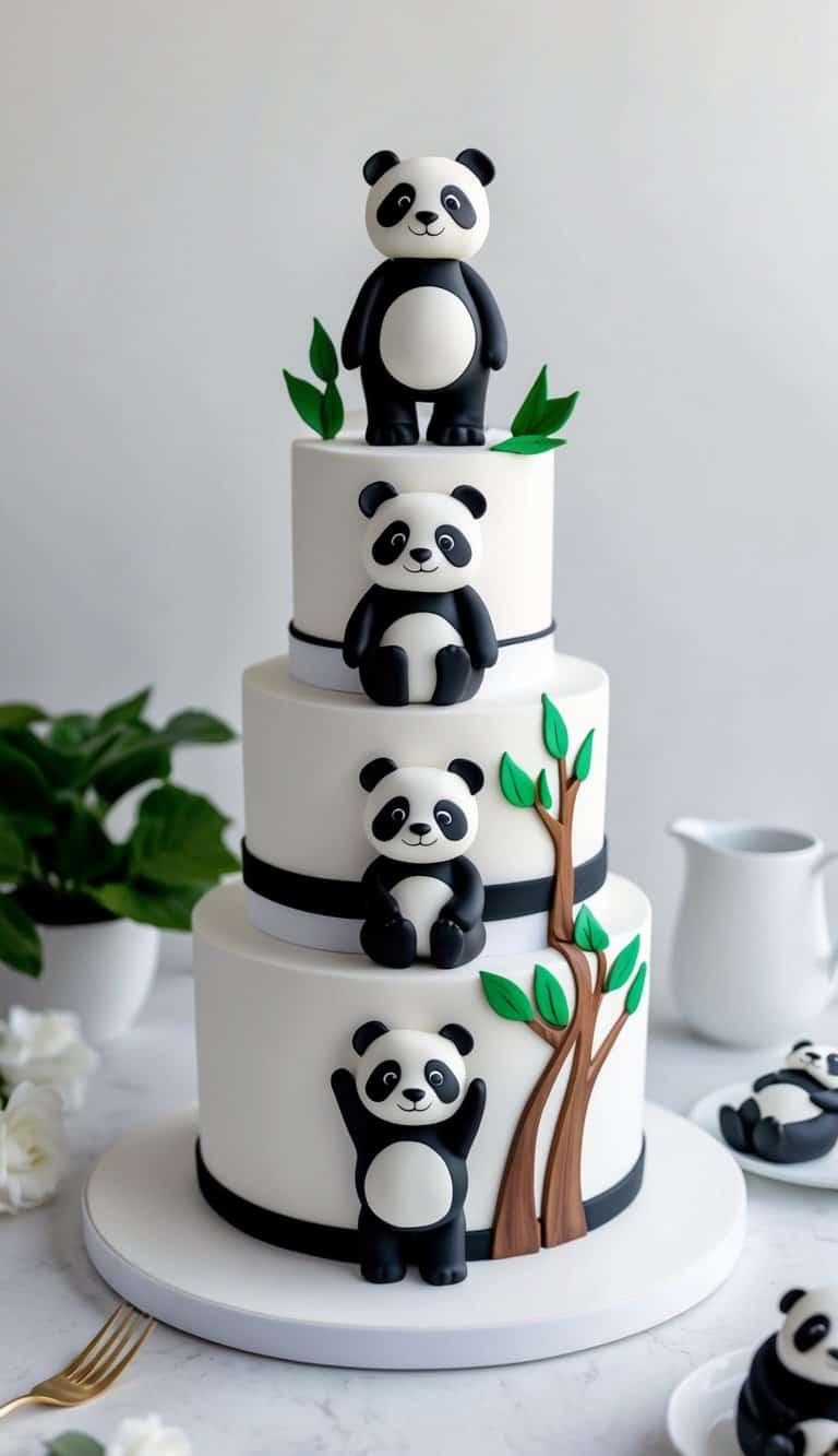 A panda family tree with cute panda-themed cakes, featuring black-and-white fondant