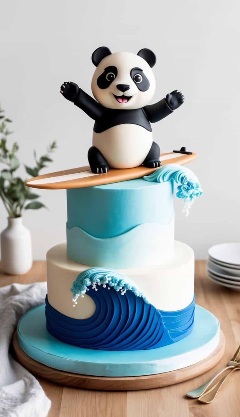 A panda rides a wave on a surfboard, balancing with outstretched arms, with a cute and determined expression on its face