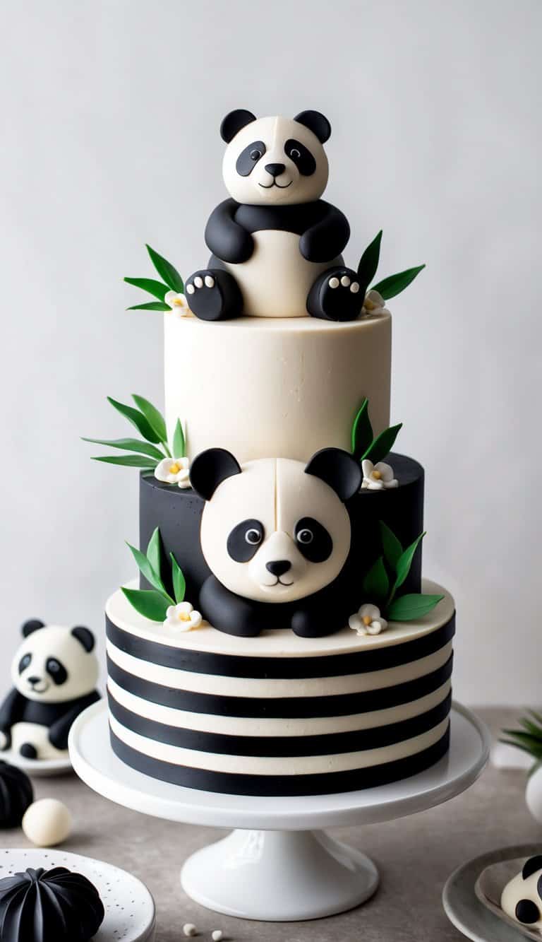 A panda-themed cake topped with marzipan pandas and black-and-white fondant decorations