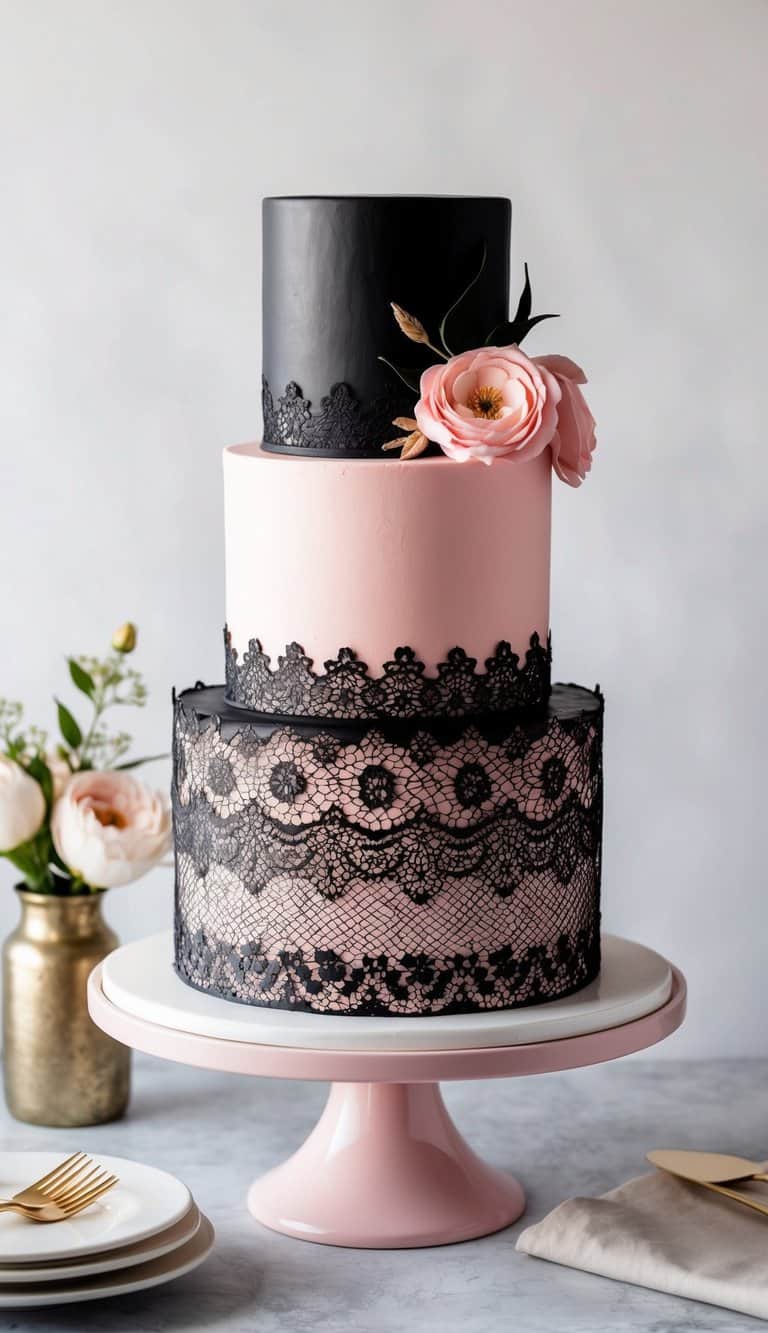 A vintage lace pink and black cake adorned with chic and bold designs