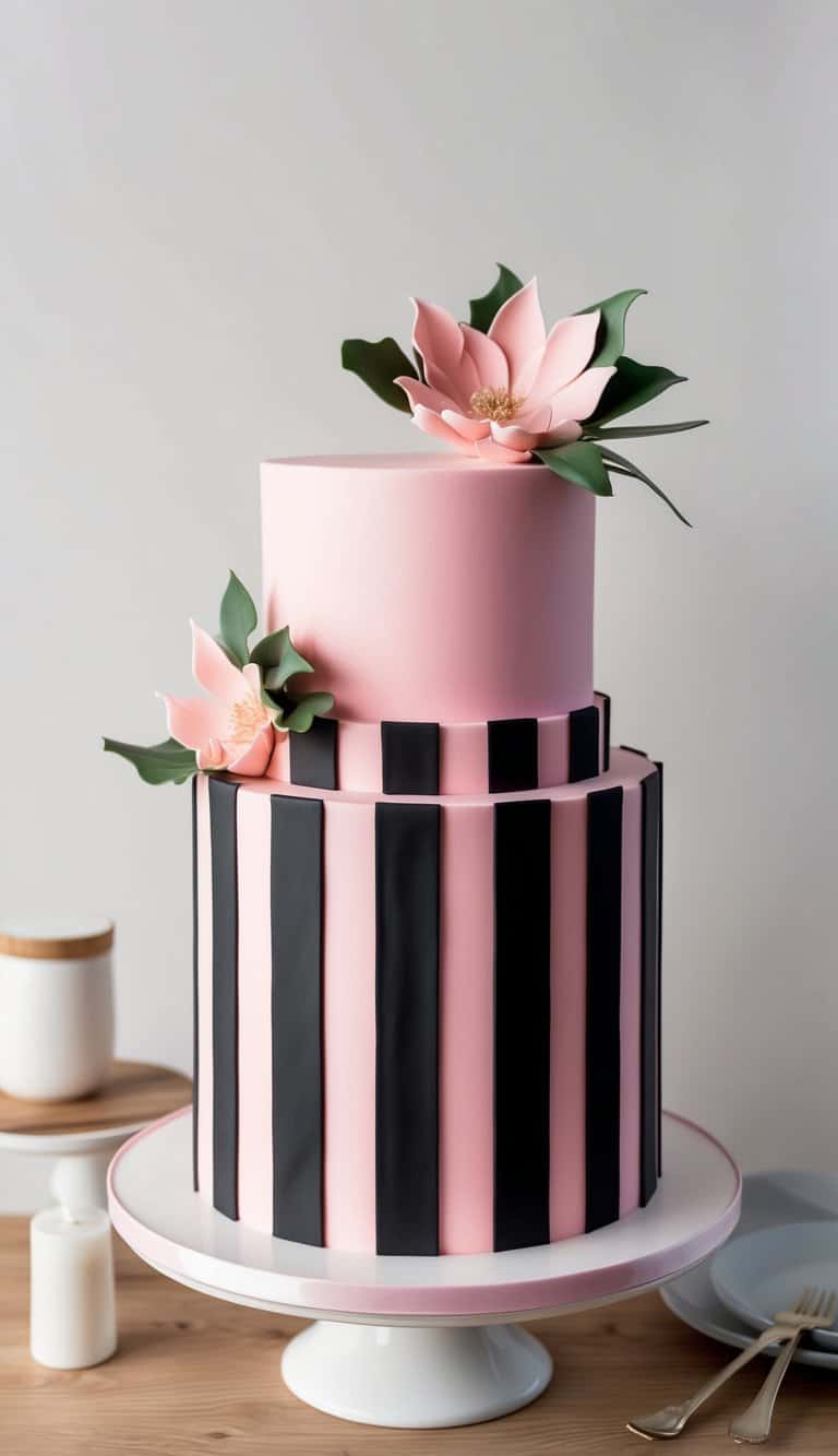 A chic striped pink and black cake with bold designs