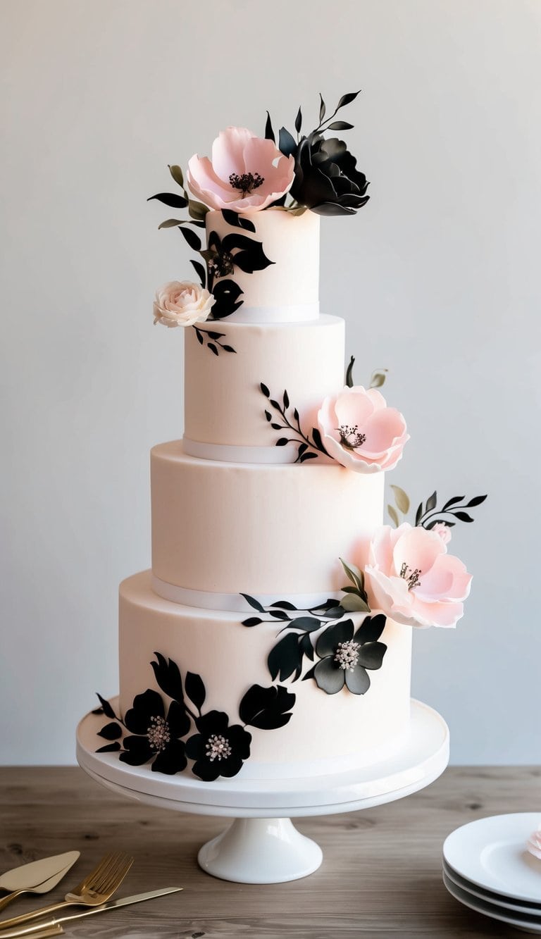 A three-tiered wedding cake with pink and black floral designs, adorned with elegant and chic decorations