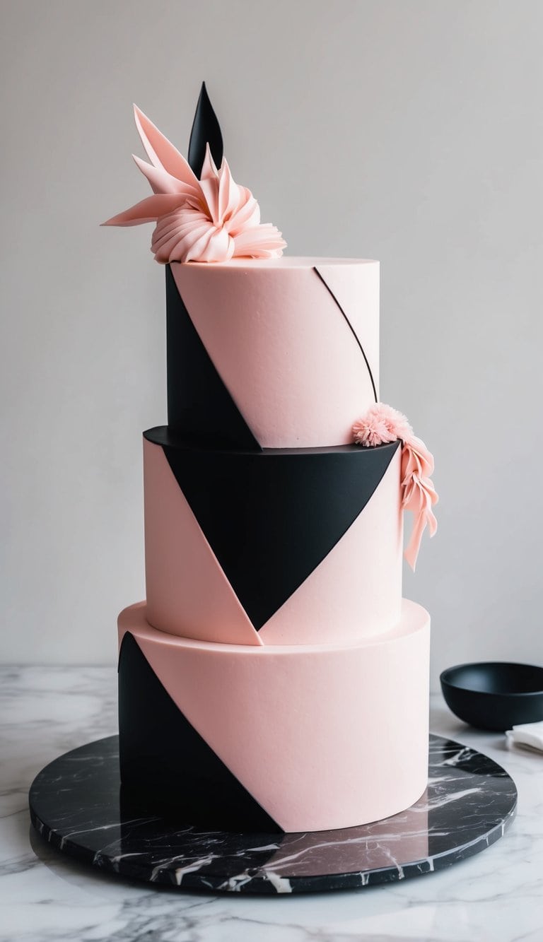 A sleek, geometric pink and black cake sits on a marble table, adorned with bold and chic designs