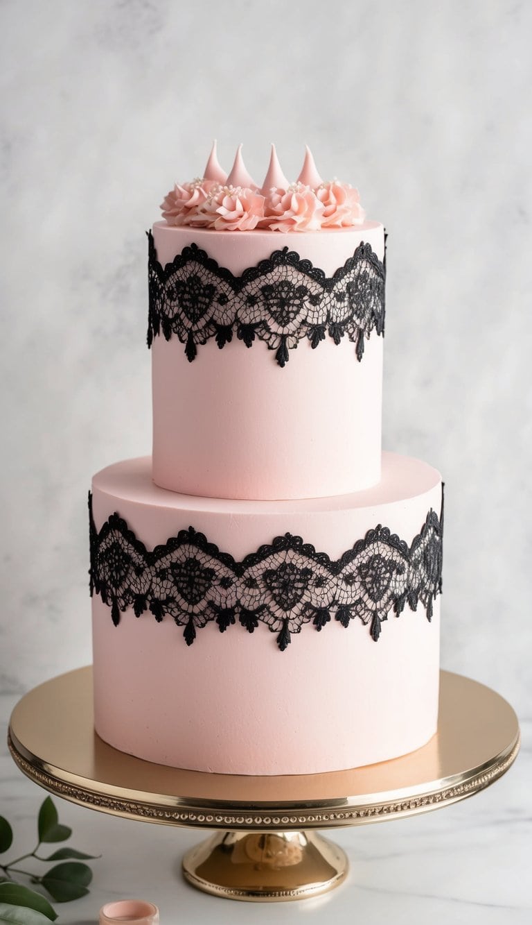 A pink cake with black lace decoration sits on a chic display stand