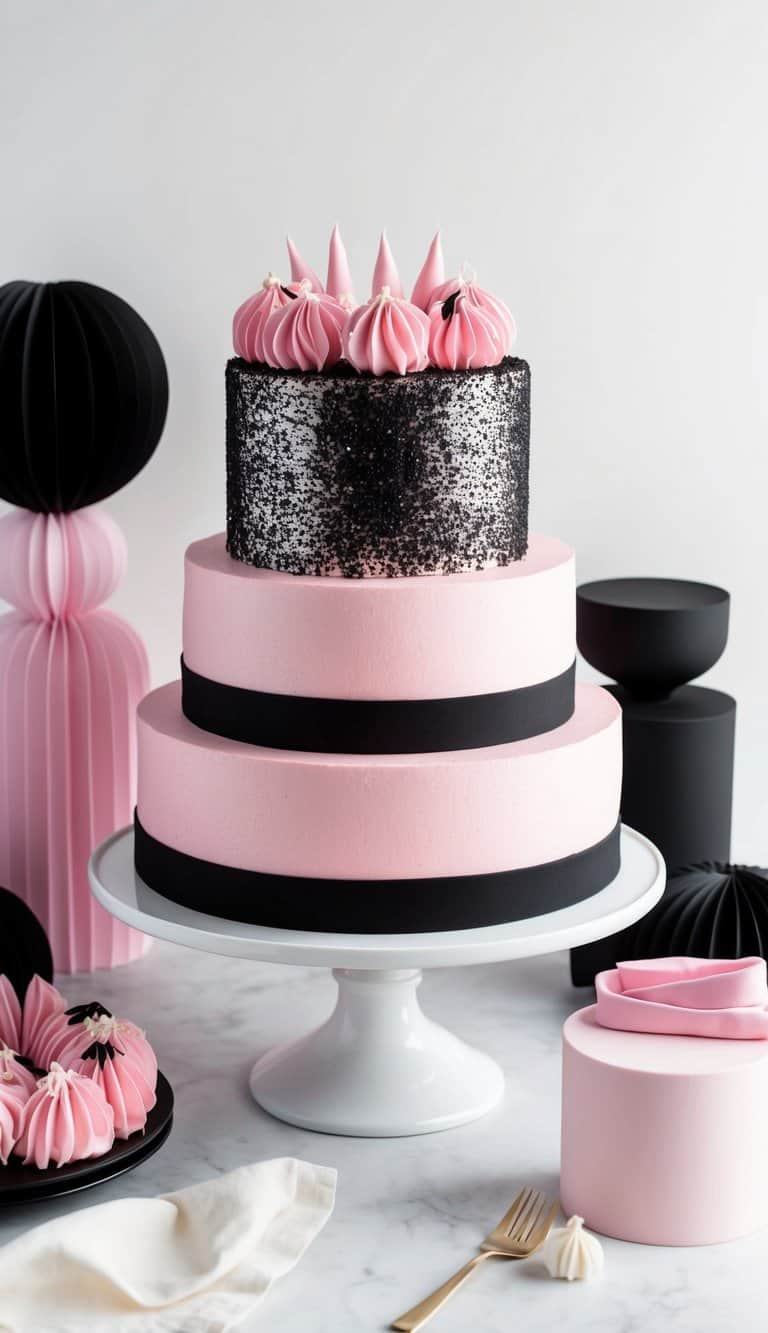 A pink cake adorned with black glitter, surrounded by chic and bold pink and black cake decorations