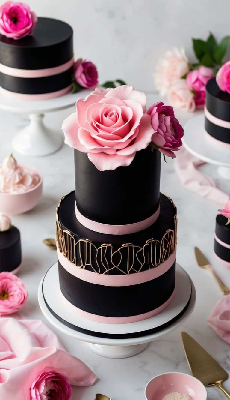 A pink rose and black velvet cake surrounded by chic and bold pink-and-black cake decorations