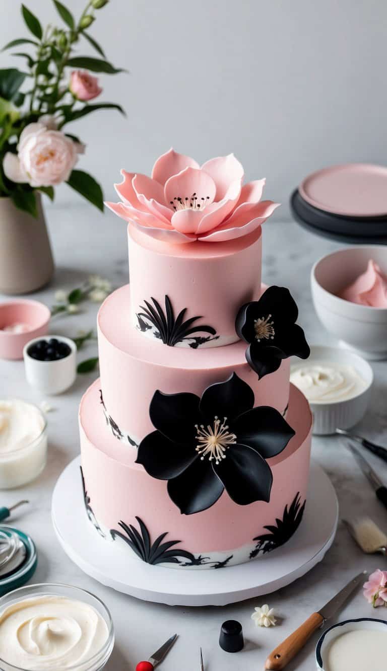 A pink and black flower cake surrounded by various cake decorating tools and materials