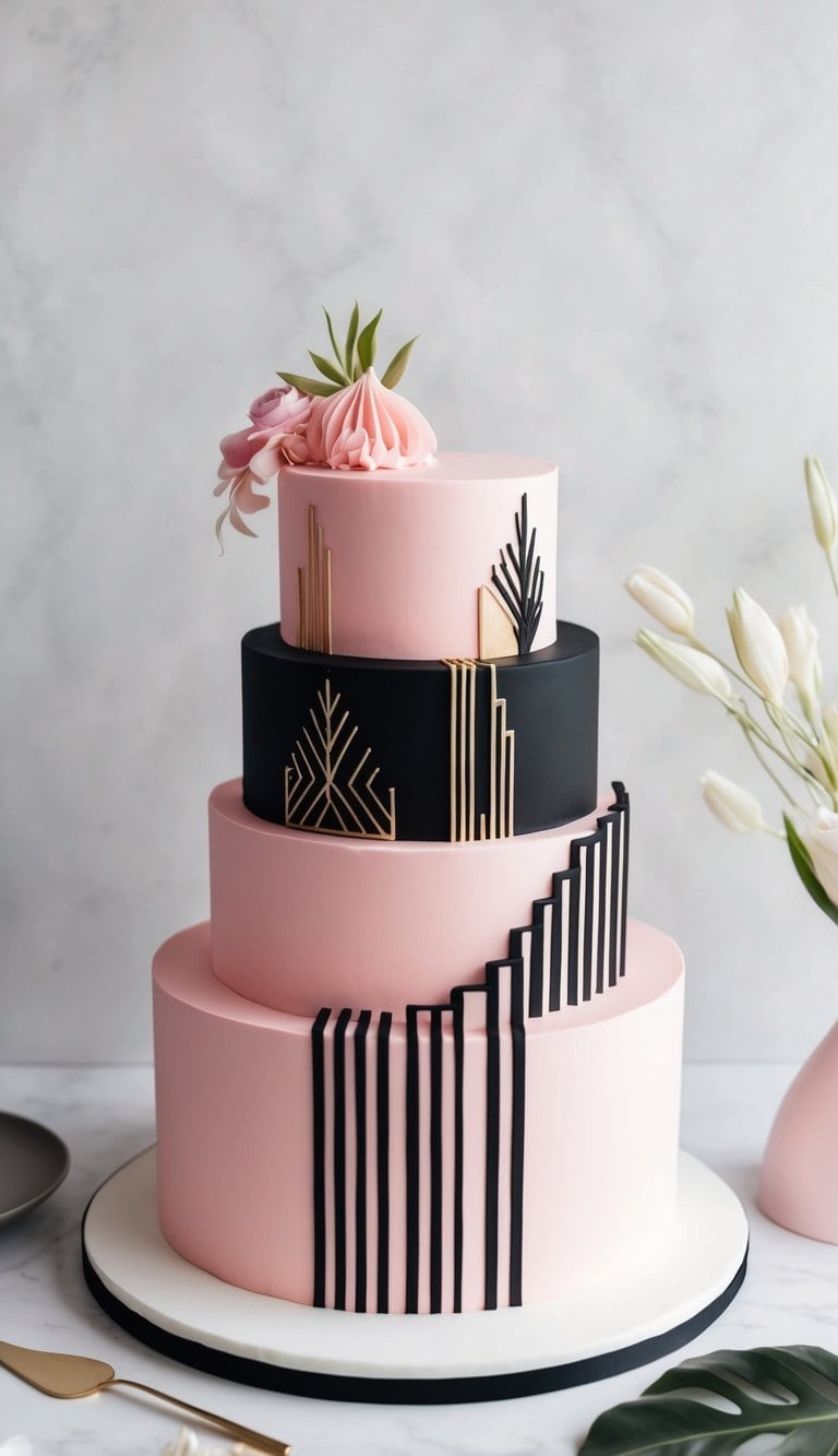 A sleek, Art Deco-inspired pink and black cake with geometric patterns and elegant details