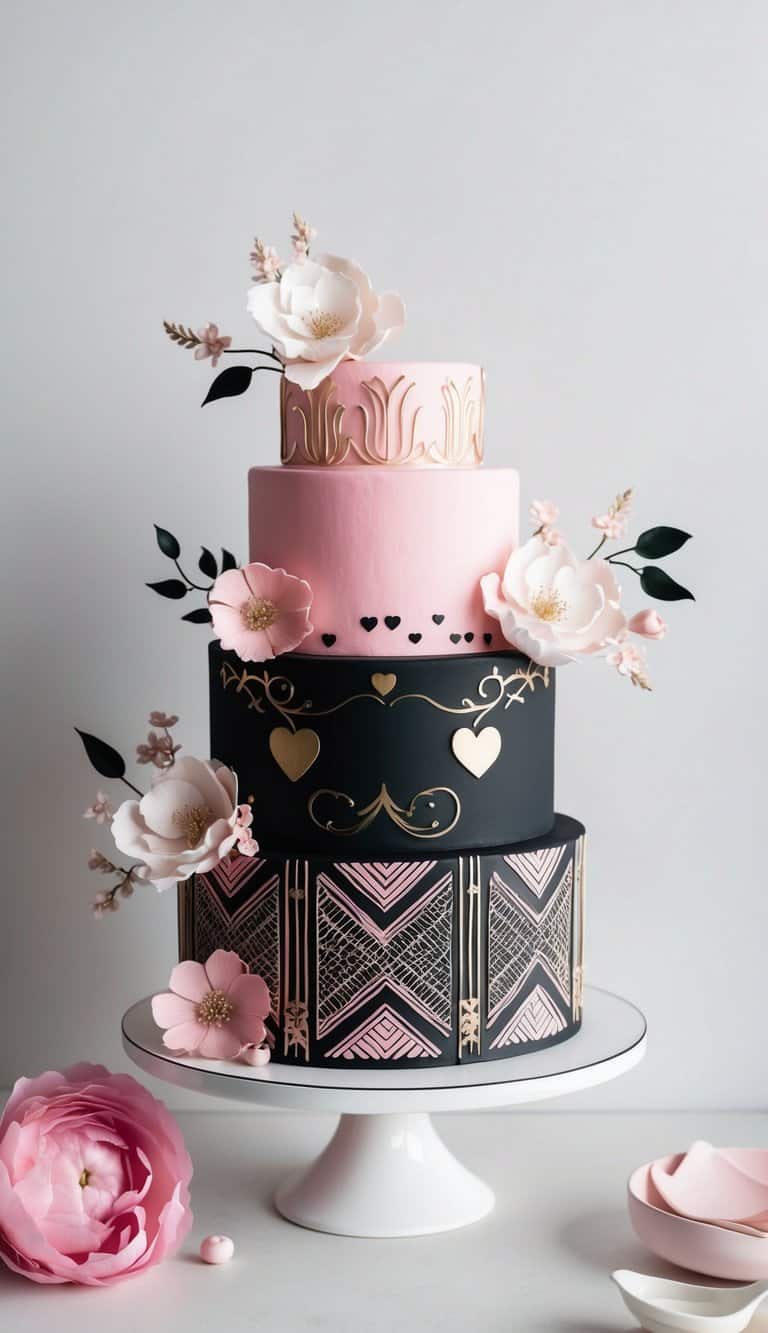 A tiered pink and black cake with intricate designs and bold patterns, adorned with elegant floral and heart-shaped decorations